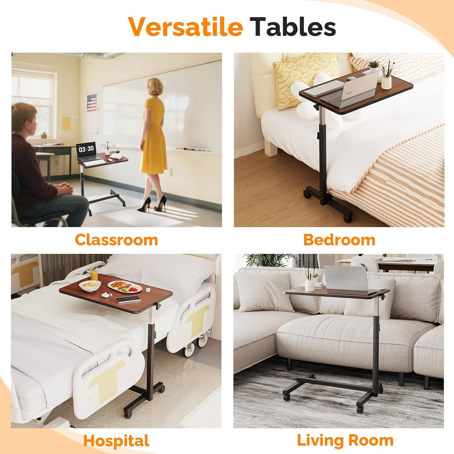 Yunken 23.6 Inch Adjustable Rolling Laptop Desk, Tilting Desktop, Mobile Sit Stand Workstation for Bed Sofa Hospital Reading Eating, (Brown)