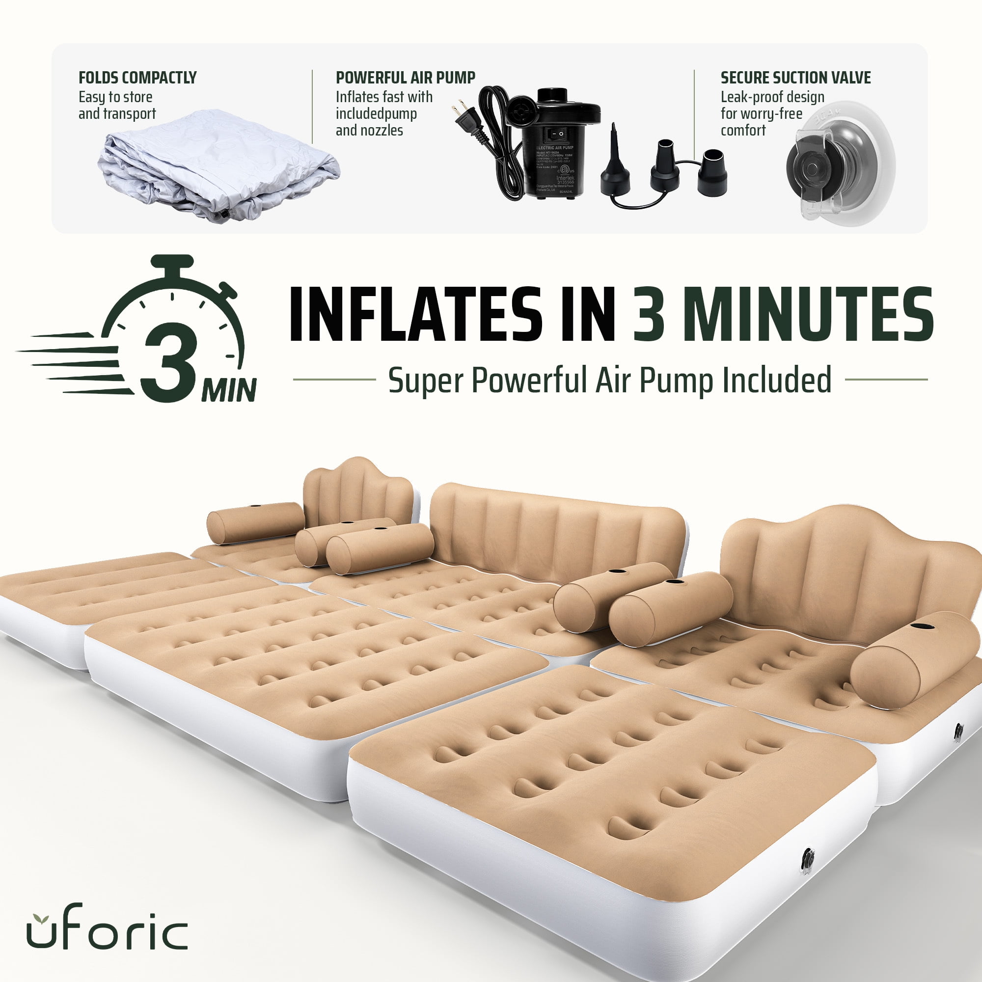 Uforic 3-Piece Air Sofa Bed Set with Pump, Queen & 2 Twin Size 2-in-1 Convertible Inflatable Sofa Bed with Headboard, Cup Holders, Carry Bag for Home Camping Guest Use, Khaki