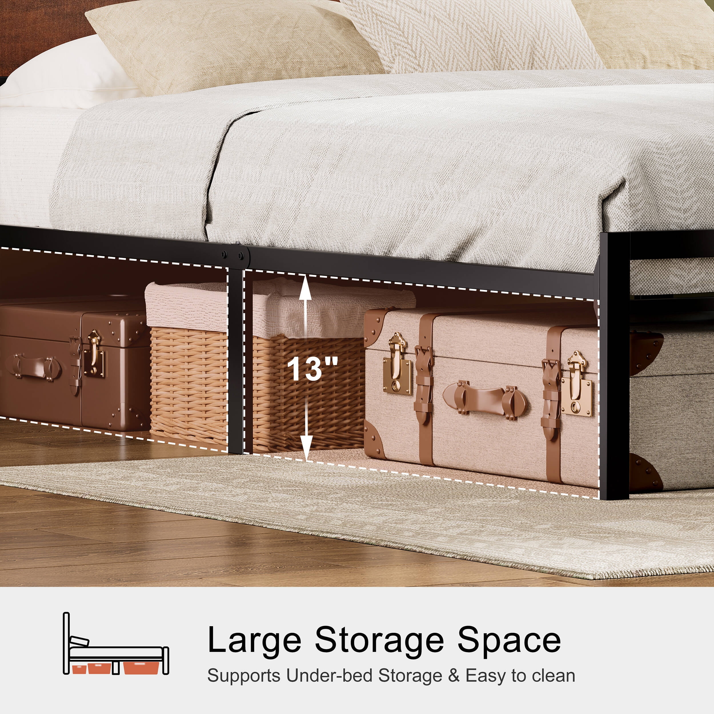 GUNAITO Queen Bed Frame with Headboard Metal Platform Bed with LED Lights and Charging Station, Rustic Brown