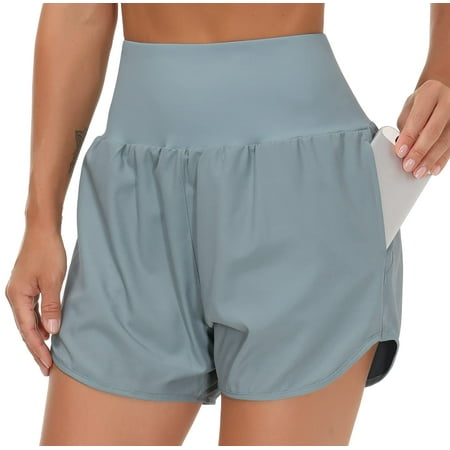 THE GYM PEOPLE Women’s High Waist Running Shorts with Liner Athletic Hiking Workout Shorts Zip Pockets (Denim Blue, X-Large) BE6