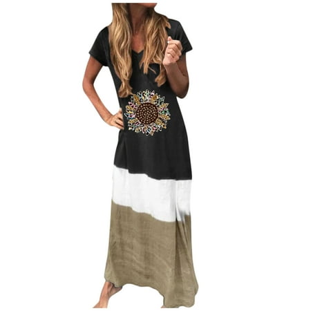WOCLEILIY Women Plus Size Printing Block Loose V Neck Short Sleeve Maxi Dress