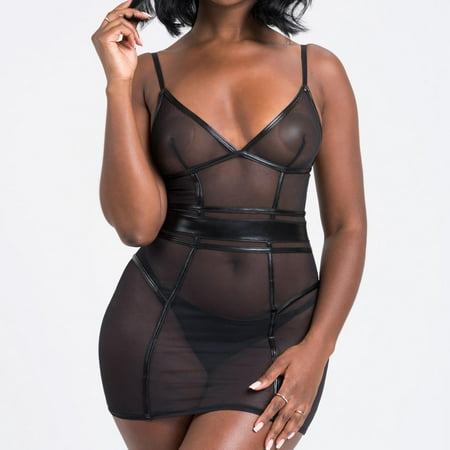 

ERTUTUYI Women s Lingerie Look And Mesh Back Placket Leather And Mesh Lingerie