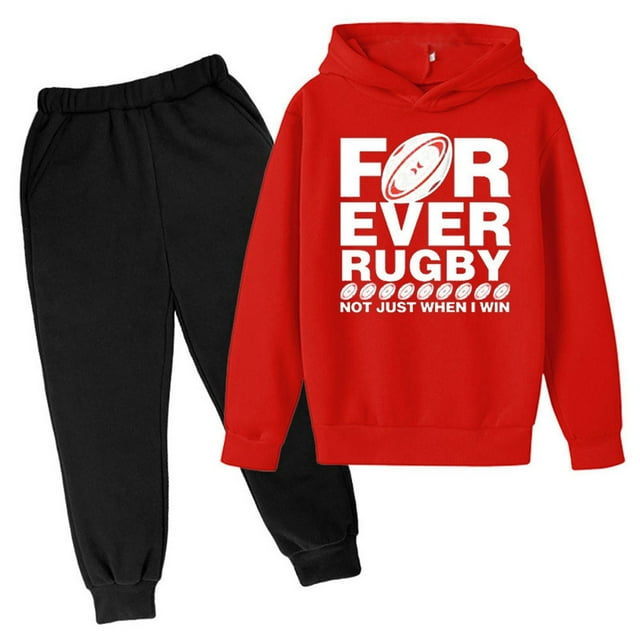 WEIYLL Ensembles pour Garçons Ensembles à Capuche Football Personnalité Pantalon Imprimé de Lettres Football Rugby Activité Complets Rouges 9-10 Ans