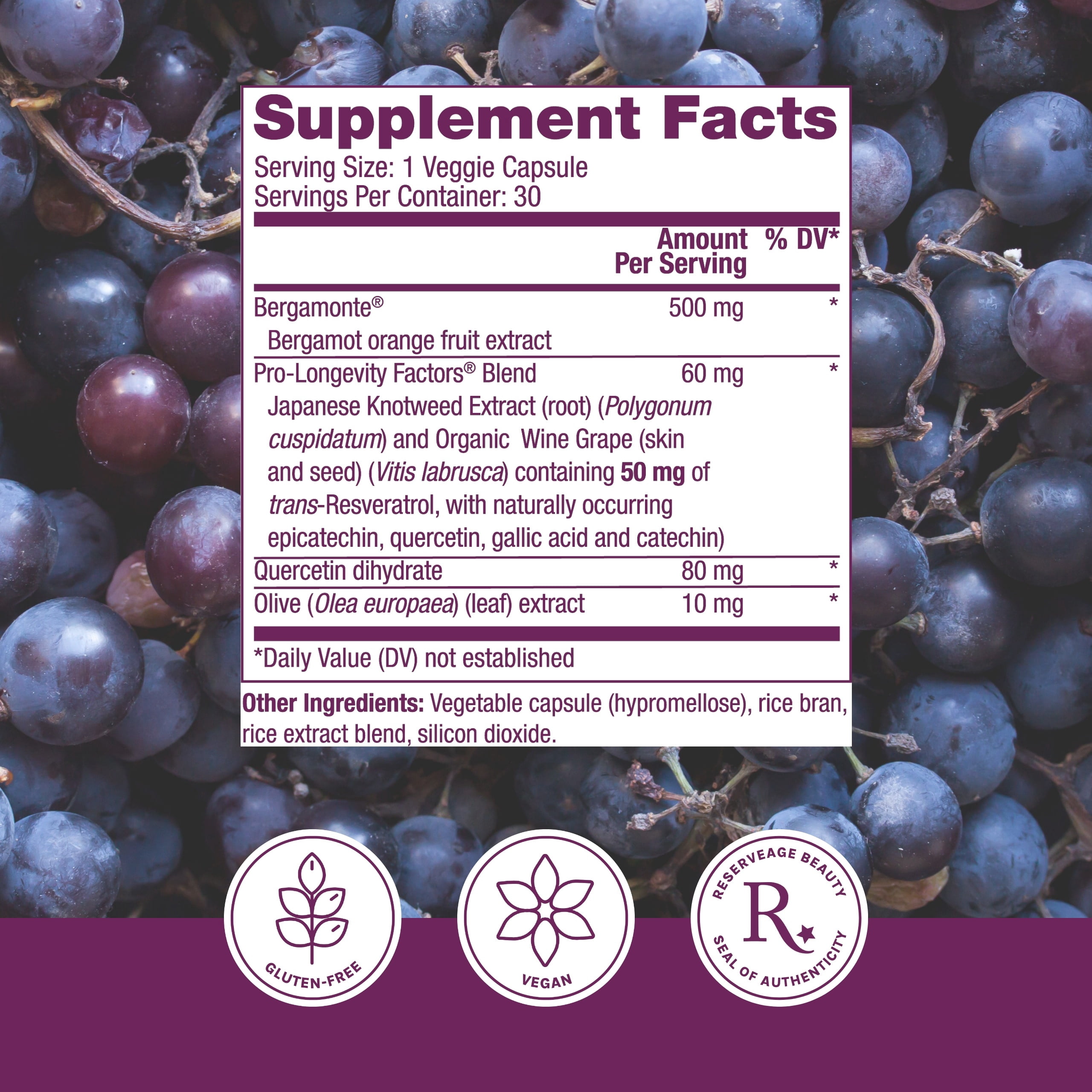 Reserveage Beauty, Bergamot Cholesterol Support with Resveratrol, Antioxidant Supplement for Cardiovascular Support & Heart Health, Vegan, 30 Capsules (30 Servings)