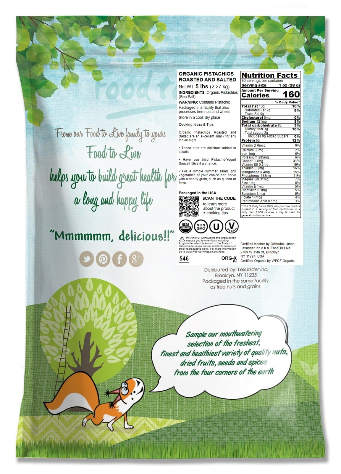 Food to Live Organic California Pistachios (In Shell, Roasted and Salted, Non-GMO, Bulk) (5 Pounds)