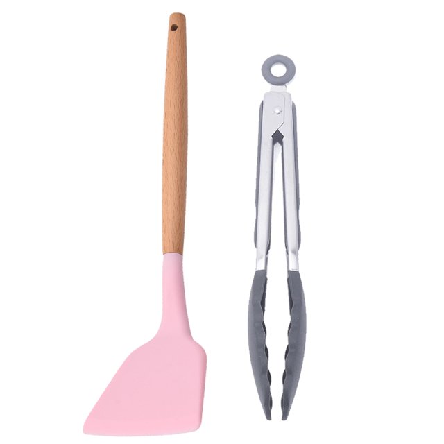 Juego de 2 piezas de silicona para utensilios de cocina, utensilios de cocina resistentes al calor con mango de madera, utensilio de cocina antiadherente