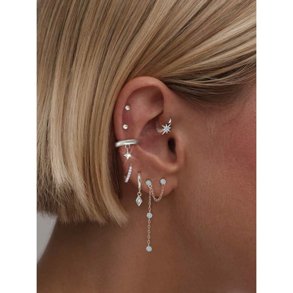 Silver 7-Piece Earring Set With Cubic Zirconia & Chain Dangles