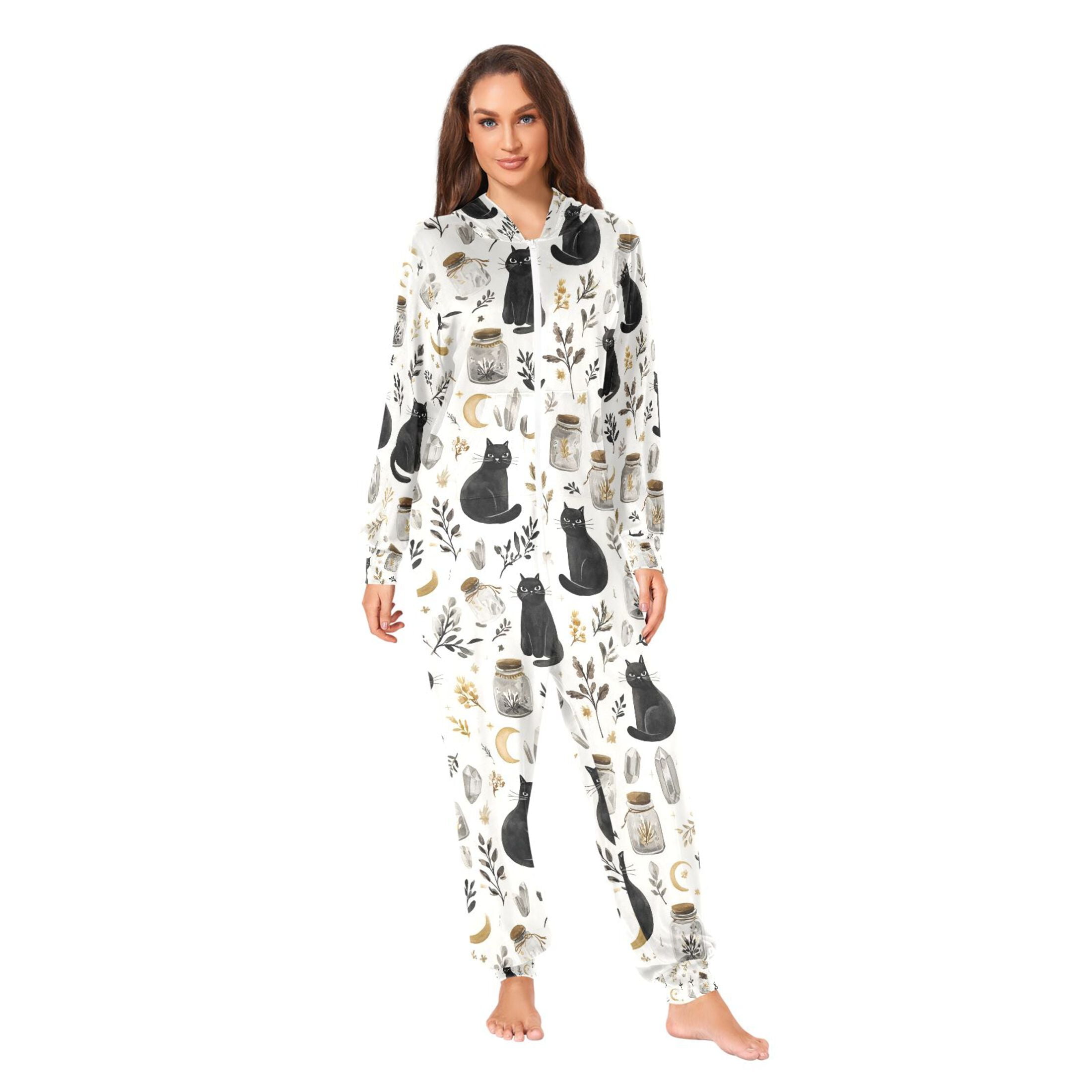 Adult Christmas Onesie Black Cat and Plants Adult Zipper One-Piece Pajamas Unisex Pajamas with Pockets