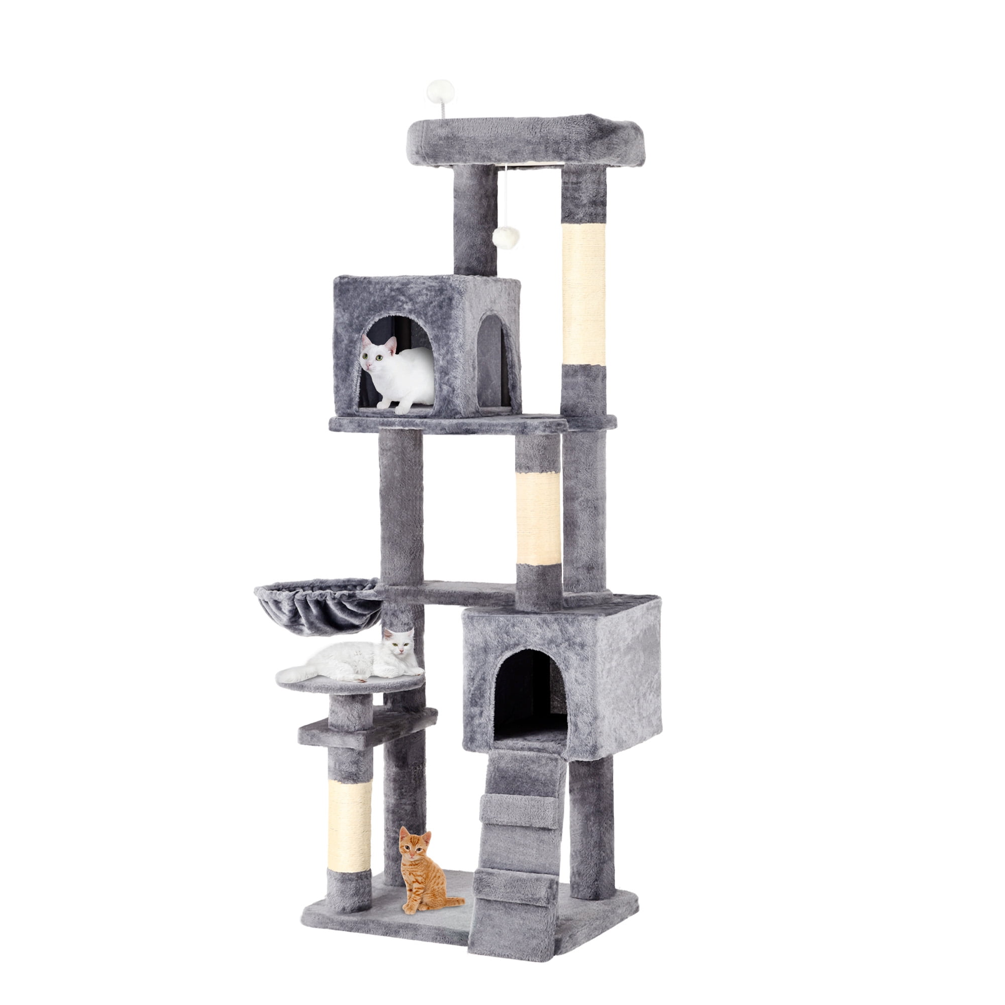 ModFusion Deluxe Multi-Level Cat Tree with Scratching Posts, Hammock, and Condos - 70" Tall, Light Gray