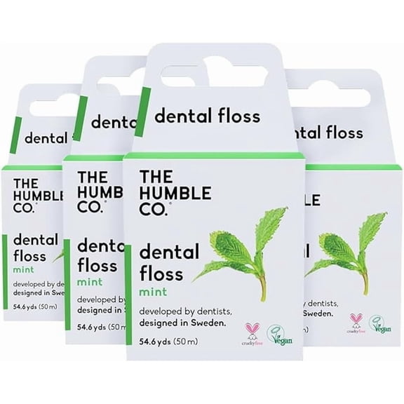 The Humble Co. Dental Floss (4pack) - Vegan, Eco Friendly, Sustainable Waxed Dental Floss with Natural Xylitol, 55 Yards of Adult and Kids Floss for Gum Care and Dental Care (Mint)