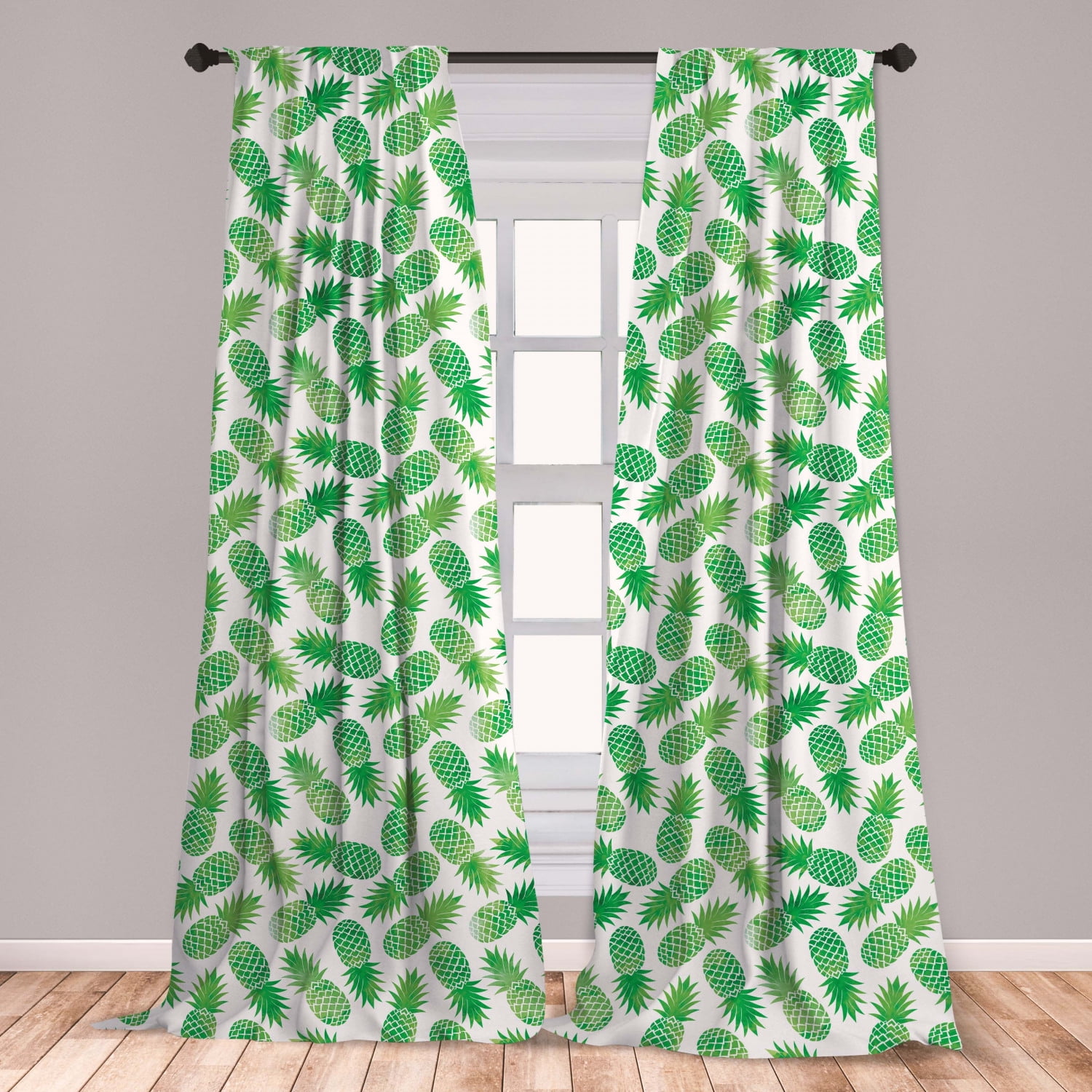 Pineapple Curtains 2 Panels Set, Ombre Watercolor Scattered Pineapples
