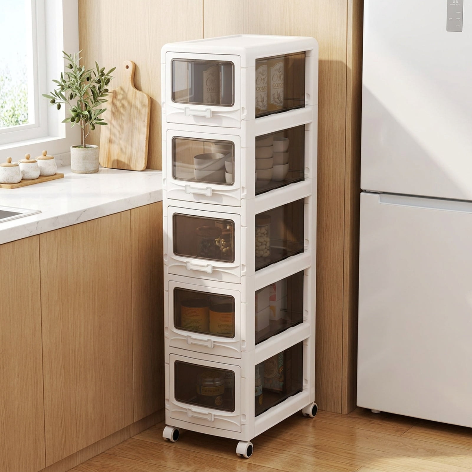 Furnibear 5-Tier Plastic Drawer Storage Organizer Rolling Cart with 3/4/5 Drawers and Lockable Wheels for Home Office Filing Document Letter, White