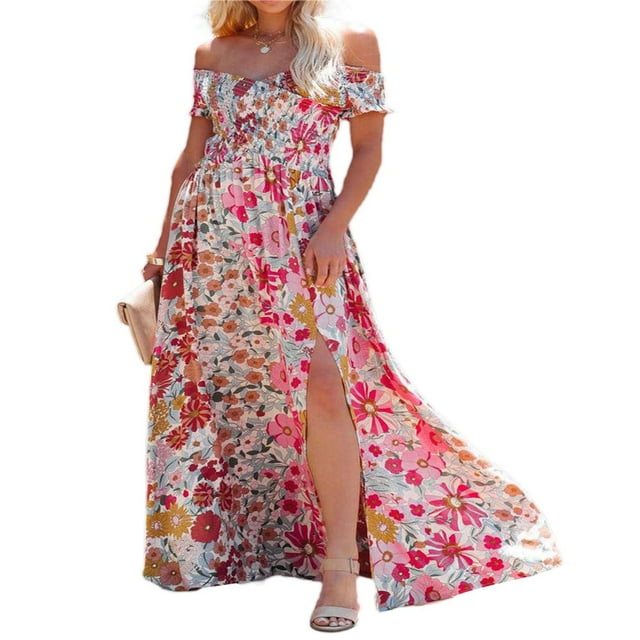 Femmes Boho Beach Dress Off Épaule Robe à Manches Courtes Imprimé Floral Coupe Ample Longue Robe Fendue