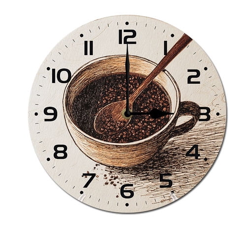 ZXCXRQFa Coffee Cup On Wooden Wall Clock Silent Non-Ticking Kitchen Desk Clock Merry Xmas Battery Operated Analog Decorative Round Clocks 10 in Garden Home Decor