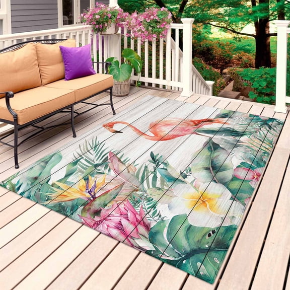 Pink Flamingo Outdoor Rug 4x6 Ft, Non Slip Washable Area Rug, Floral Summer Botanical Watercolor Wooden Patio Rugs Carpet Runner, Large Floor Mat for Indoor/Outdoor Deck Porch Camping