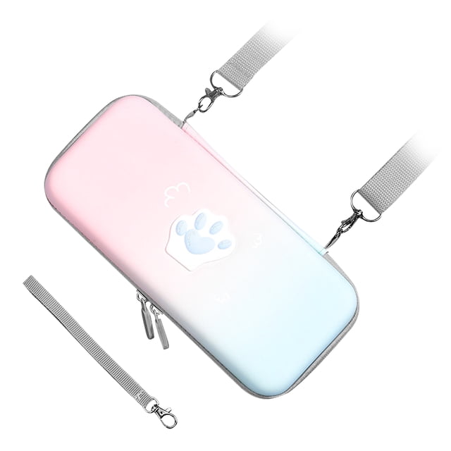 Lindo estuche de transporte con forma de pata de gato, cubierta protectora dura de cuero PU con correa para el hombro y cuerda de mano para consola de juegos Switch, degradado rosa y azul