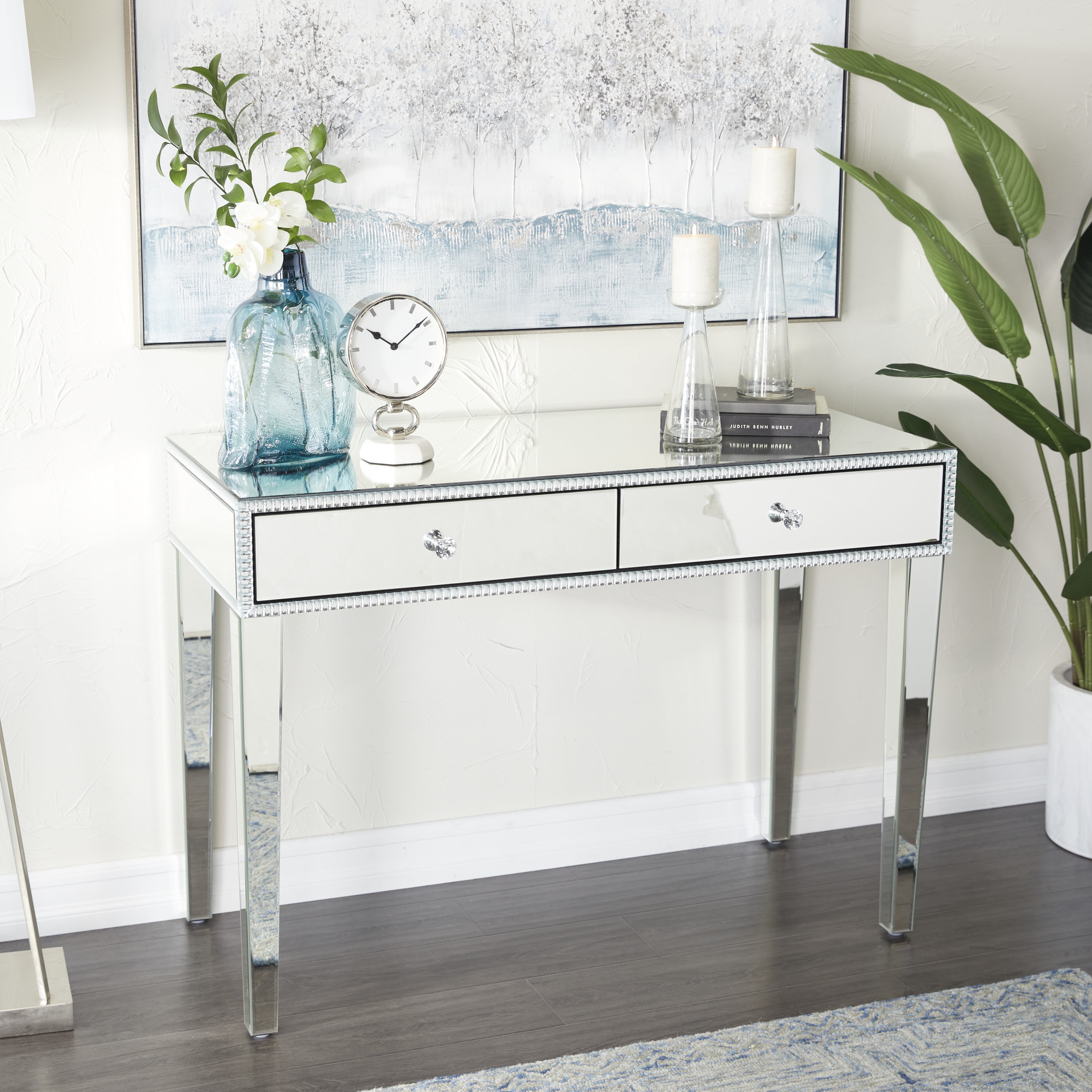DecMode 43" x 32" Silver Wood Mirrored 2 Drawers Console Table, 1-Piece