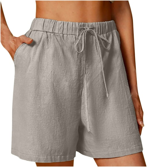 Women's Casual Summer Cotton Linen Shorts Baggy Comfy Drawstring Elastic Waisted Wide Leg Lounge Shorts with Pockets