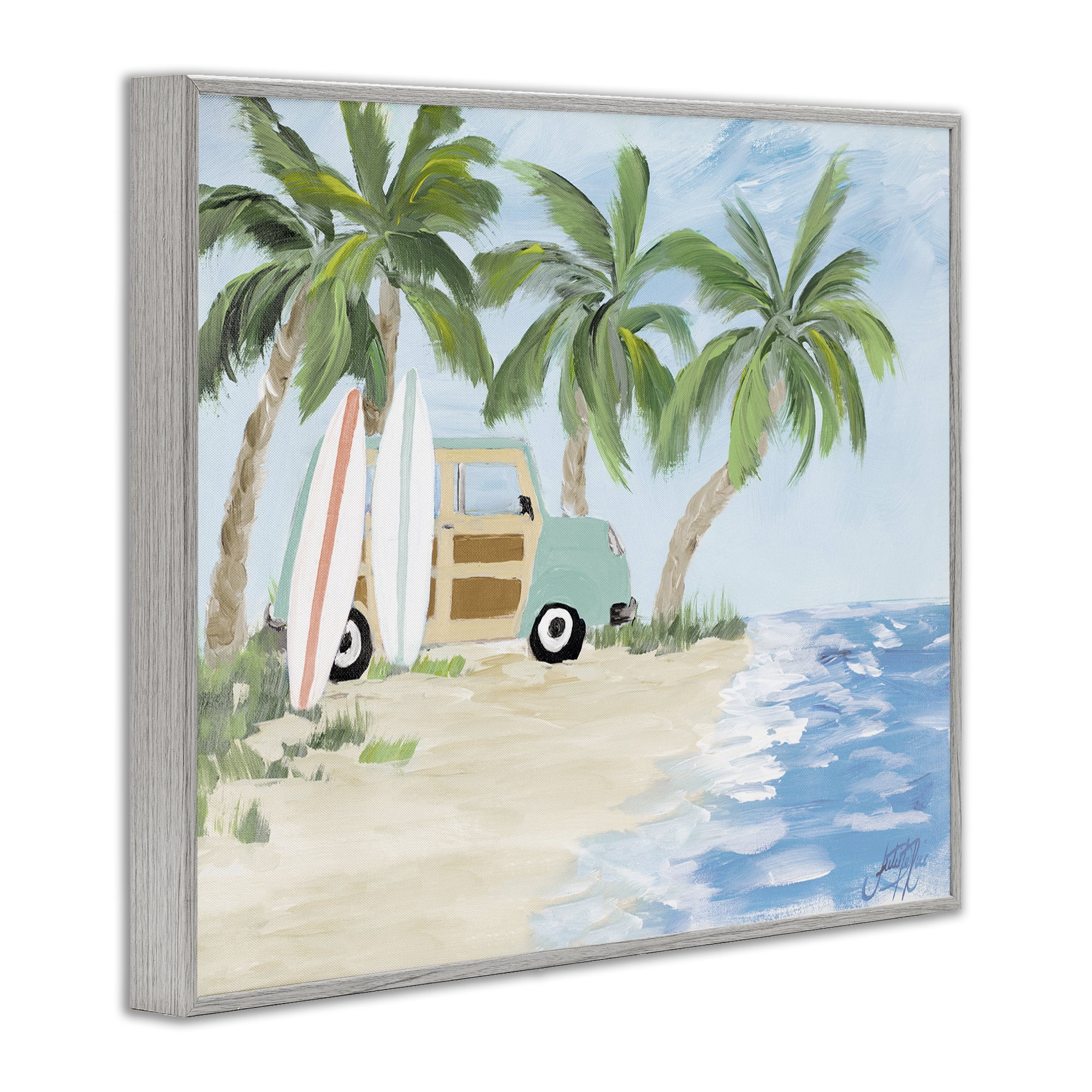 Stupell Industries Tropical Vacation Surfboards Landscape Painting Gray Framed Art Print Wall Art, 30 x 24