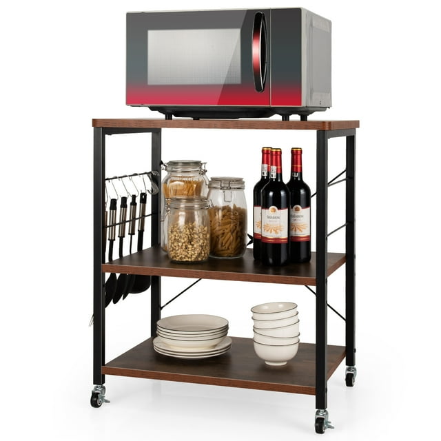 Patiojoy Kitchen Baker's Rack 3-Tier Microwave Cart with Wheels&10 Hooks Rustic Brown