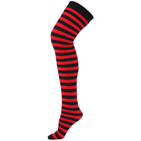 HDE Women's Plus Size Striped Stockings Thigh High Over the Knee OTK Sheer Socks (Red Black Stripes)