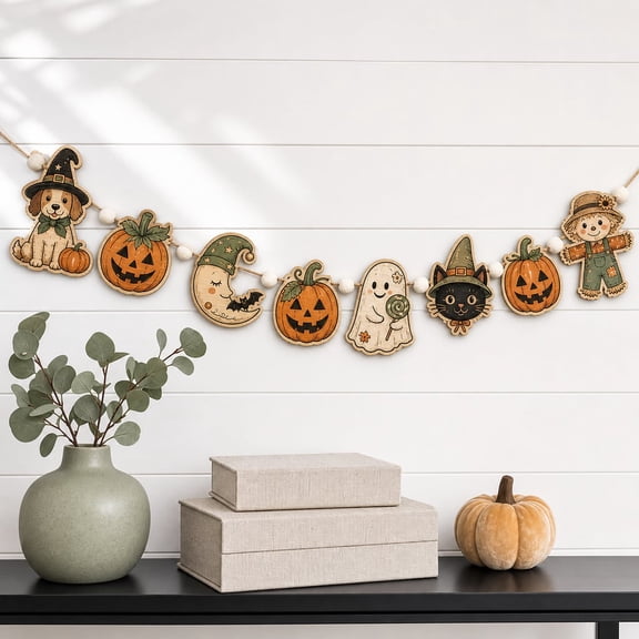 Garland Vintage Pumpkin Ghost Black Cat Witch Dog Scarecrow Wooden Wall Hanging Halloween Home Decor