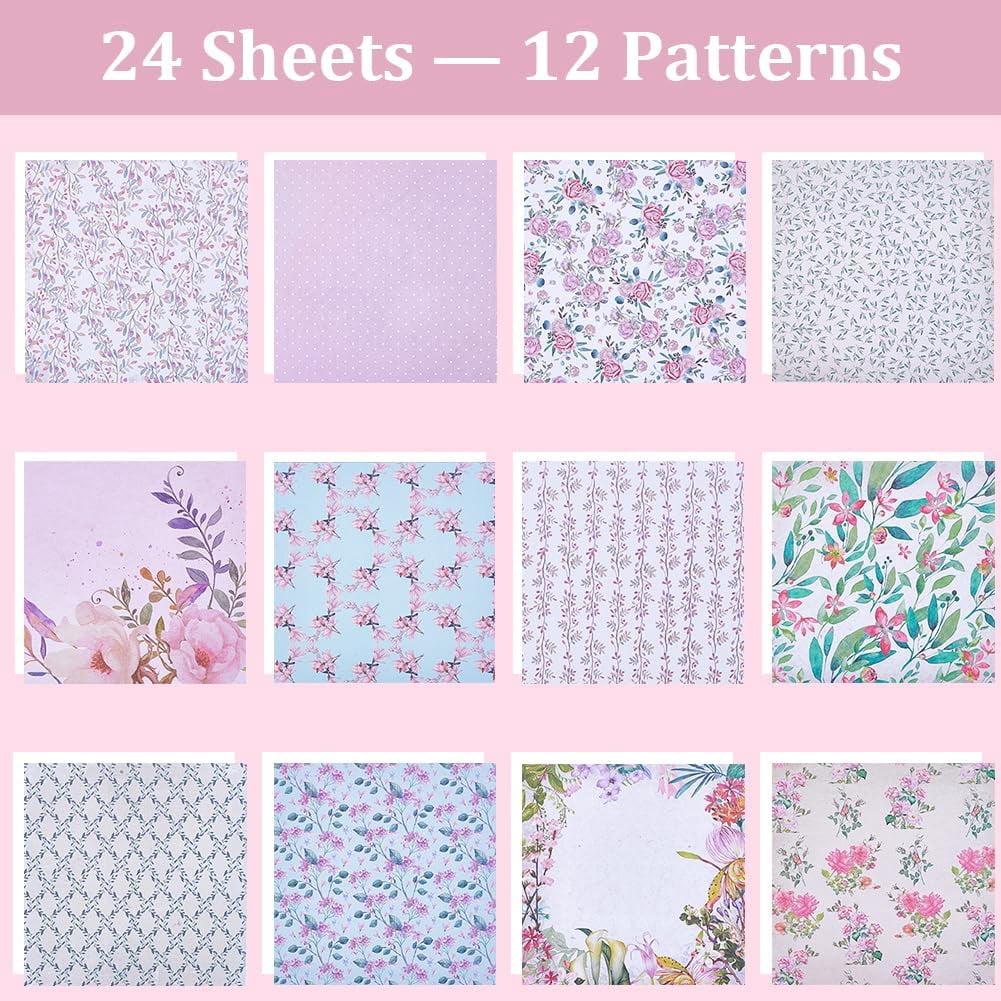 Pink Flower Scrapbook Paper Pad - 12 Sheets 6x6 Inches, Retro Garden Theme For Journals, Cards, DIY Crafts