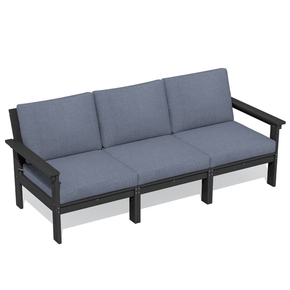 SERWALL HDPE Patio Sofa Set, 3-piece Sectional Outdoor Furniture Set, All Weather Outdoor Couch Set, Black Frame with Grey Cushion