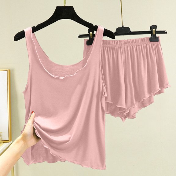 BaoFuBaoMei Modal Pajamas Women 2 Piece Plus Size V Neck Tank and Shorts Sleepwear Ruffle Trim Solid Soft Lounge Set