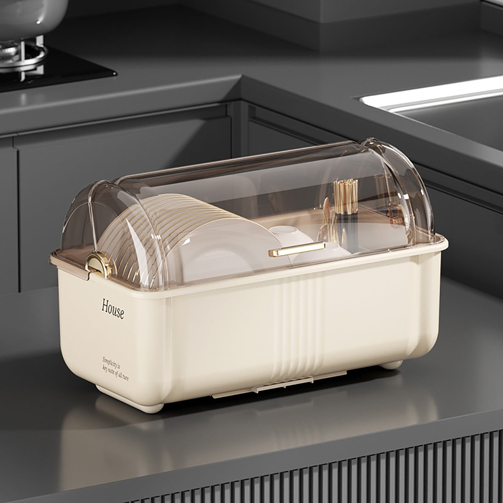 Dish Drying Rack,Plastic Dish Drying Rack,Bottle Dryer Holder with Cover Lid and Removable Drainboard,Utensil and Cup Holder for Kitchen Counter, Dish Dryer Shelf,17.3 x 9 x 10.6 Inch(Beige 42x27cm)