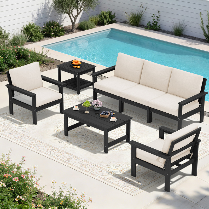 FUNDAZE Oversize 5 Pieces Patio Furniture Sets, Waterproof HDPE Frame Outdoor Conversation Sets Perfect for Patio, Poolside & Backyard, Black Frame with Khaki Cushion