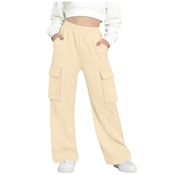 nerohusy Girls Wide Leg Cargo Sweatpants Baggy Elastic Waist Athletic Pants with Multi Pockets Casual Loose Pull On Outdoor Pants Beige,5-6 Years