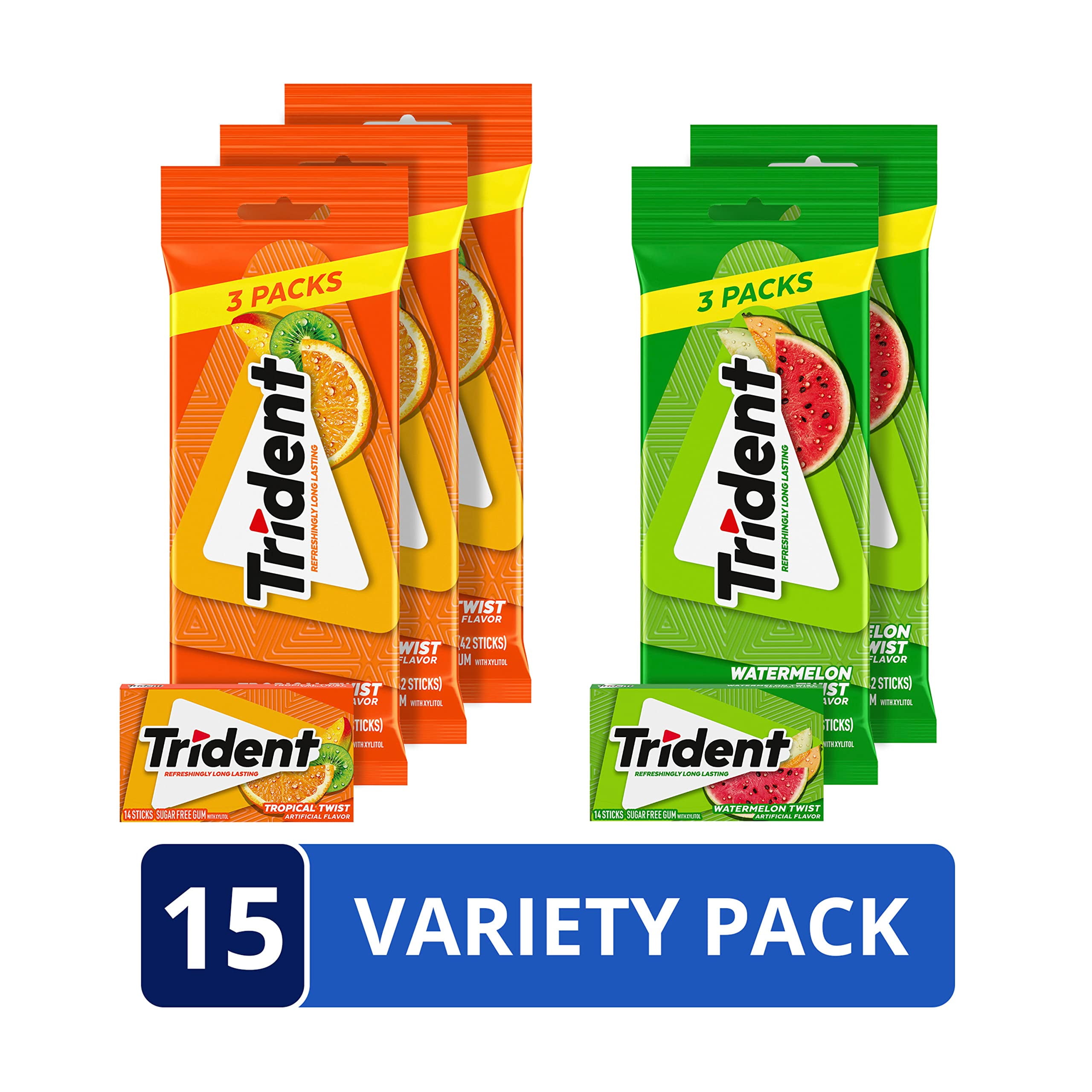 Trident Sugar Free Gum Variety Pack, Watermelon Twist & Tropical Twist Flavors, 15 Packs of 14 Pieces 210 Total Pieces