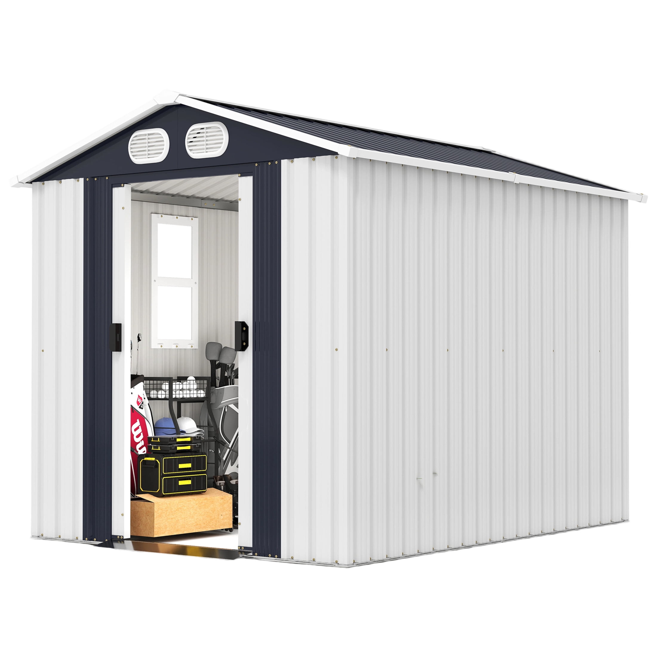 Noble House 8 x 6 FT Outdoor Metal Tool Storage Shed with Lockable Doors and Air Vents, Waterproof Garden Shed, White
