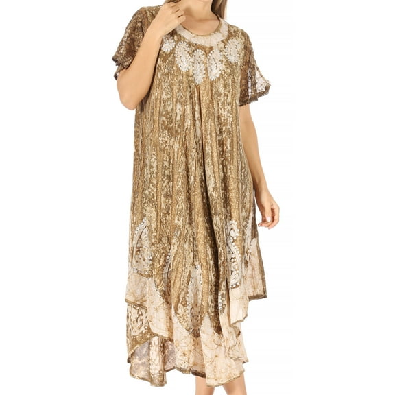 Sakkas Bree Long Embroidered Cap Sleeve Marbled Dress - Army Green - One Size Regular