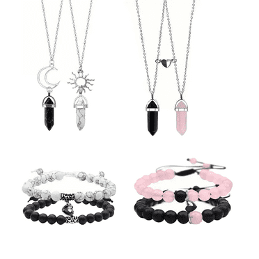 8Pcs Sun and Moon Natural Pointed Crystal Hexagonal Pendant Necklace and Bracelet BFF Gift Couple Jewelry Set