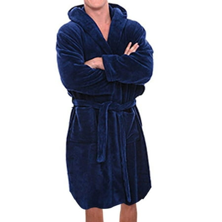

Sunnymall Solid Color Belt Flannel Bath Robe Hooded Pockets Warm Men Nightgown Home Clothes