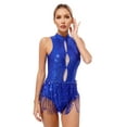 thumbnail image 4 of Kaerm Women's Sparkle Sequin Fringed Backless Leotard Tassel Latin Jazz Dance Dress Royal Blue XL, 4 of 7