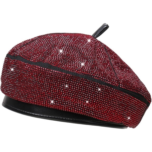 Jiibva Women Vintage Beret Leather Beret With Rhinestones Classic French Berets Hat Lightweight Winter Hat Chic PU Leather Berets Artist Painter Cap