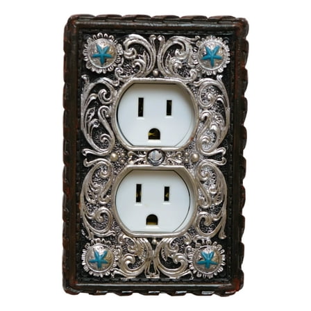 Set of 2 Western Turquoise Stars Lace Scroll Wall Double Receptacle Outlet Plate