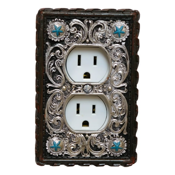 Set of 2 Western Turquoise Stars Lace Scroll Wall Double Receptacle Outlet Plate