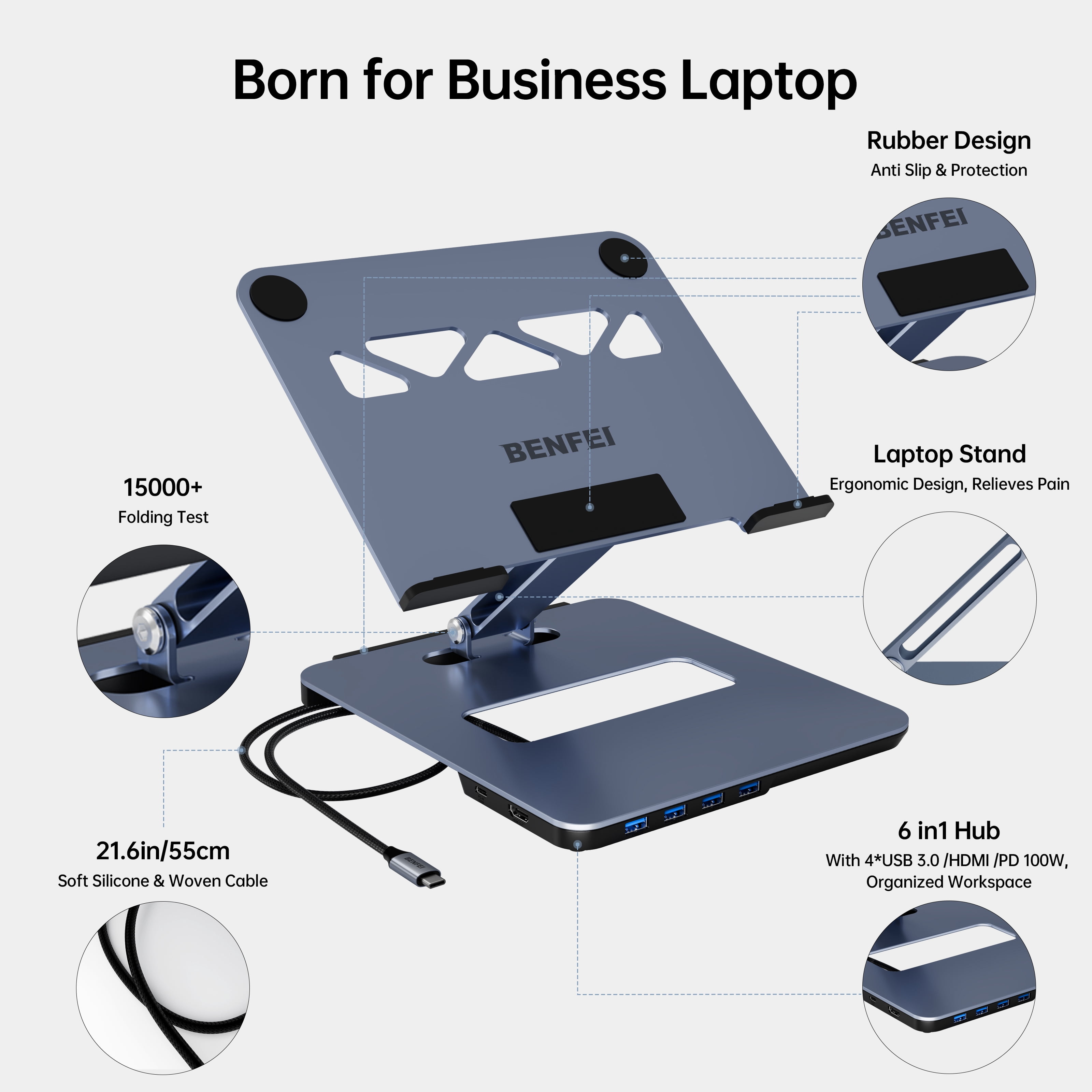 BENFEI Laptop Stand with USB C 6in1 Docking Station, HDMI 4K@60Hz, 4*USB3.0, 100W PD