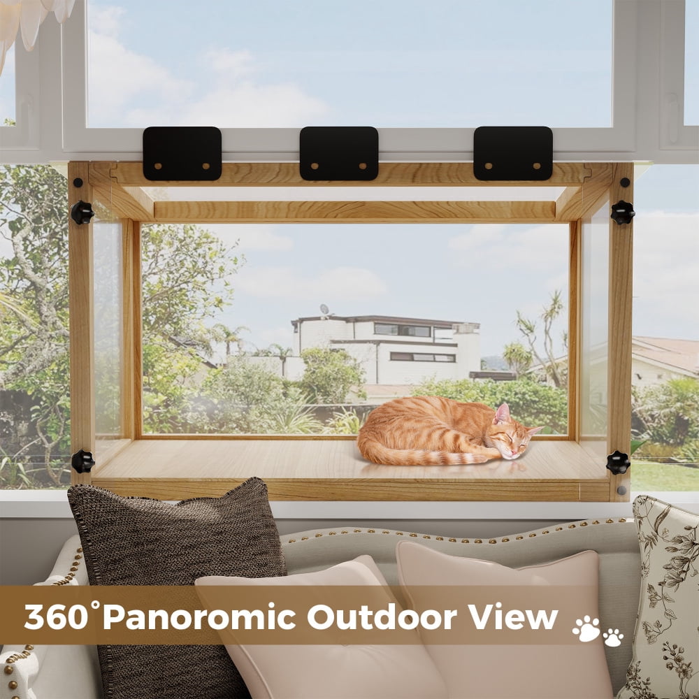 Waterproof Wooden Cat Window Perch - Outdoor Cat Box with Acrylic Panels, Weatherproof Cat Enclosure for Single Hung Windows
