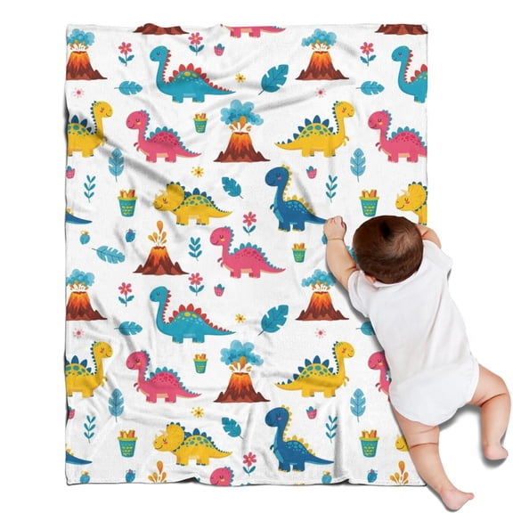 White Cartoon Dinosaurs Volcanoes Pattern Blanket,Comfortable Soft Flannel Throw Blanket,All Season,Warm Lightweight Blankets for Sofa Bed Couch Living Room Chair,30"x40"