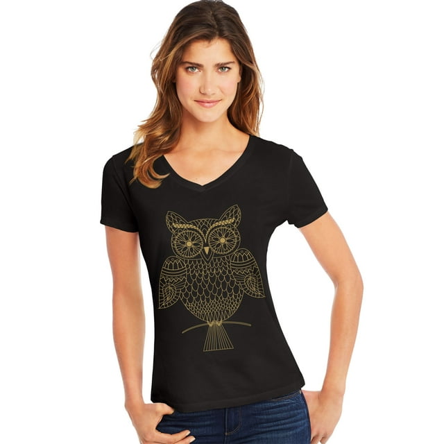 Hanes T-Shirt à Manches Courtes Col en V pour Femmes, P, Whoot Whoo/noir