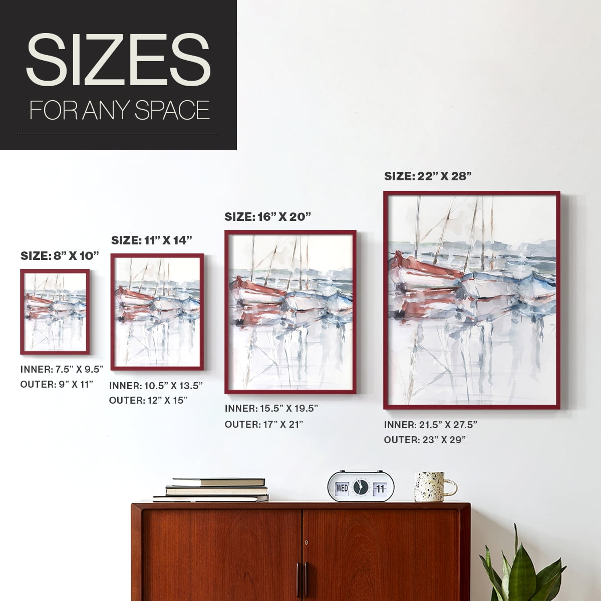 Watercolor Harbor Study II Framed Print in Red Solid Wood 11 x 14 Framed Print