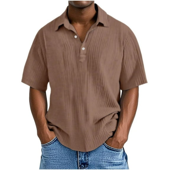 GuangCheng Mens Solid Color Textured Short Sleeve Shirts,Baggy Fit,Soft,Breathable,Pullover,Dress Shirts,Brown,Size L