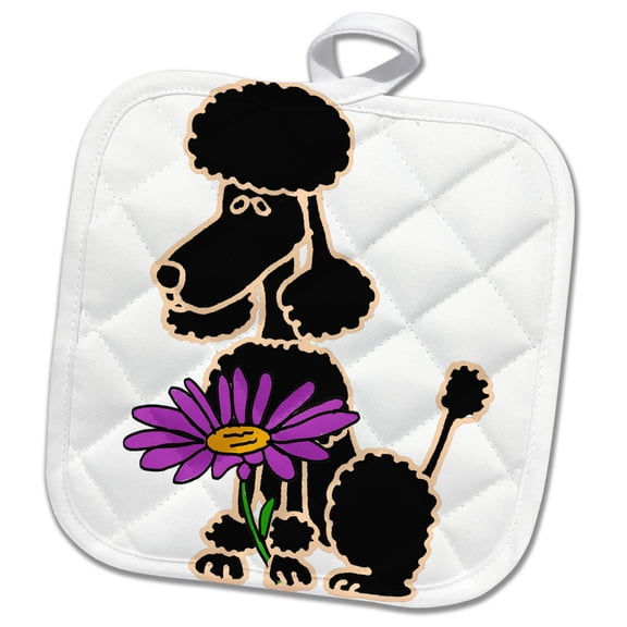 3dRose, Funny Cute Black Poodle Dog with Purple Daisy Flower, 8x8 Potholder