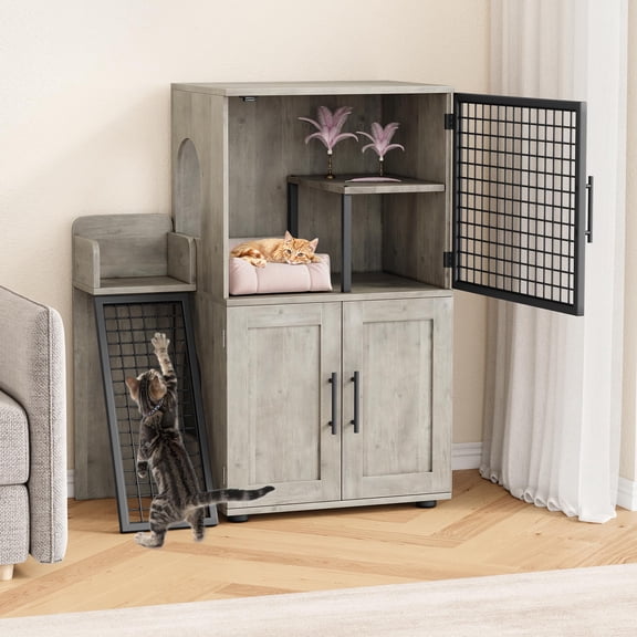 Grey Double Layer Cat Litter Box Enclosure with Platform, Ladder & Scratch Pad – Hidden Litter Box Cabinet for Living Room or Bedroom