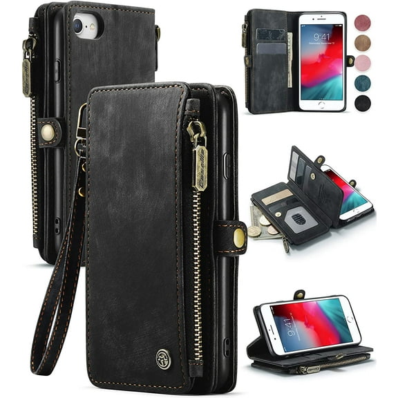 iPhone 8/7/SE 2020/SE 2022 Case, iPhone SE 2022 Wallet Case for Women Men, Durable PU Leather Flip Strap Wristlet Zipper Card Holder Phone Case for iPhone SE 3rd Generation 2022/2020, Black